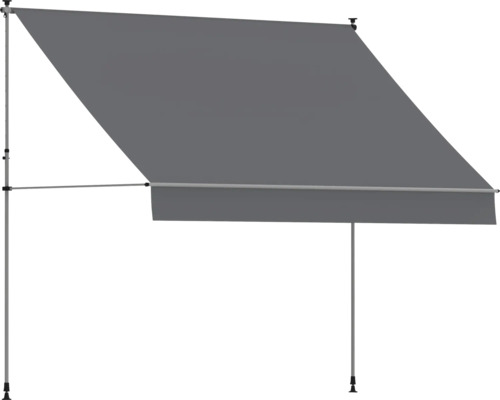 Graue Klemmmarkise mit Teleskopstangen aus Metall für Balkon oder Terrasse.