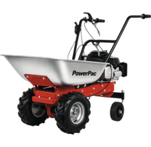 Motorbetriebene Schubkarre PowerPac mit verzinkter Mulde, rotem Gestell und Geländereifen.
