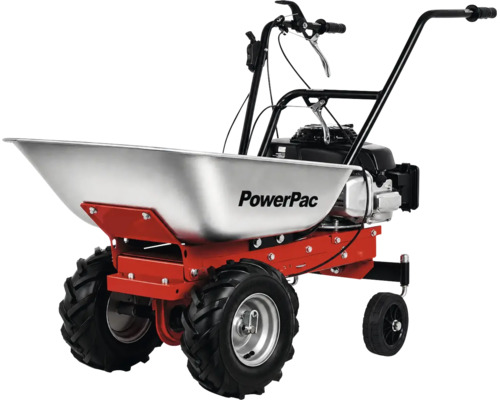 Motorbetriebene Schubkarre PowerPac mit verzinkter Mulde, rotem Gestell und Geländereifen.