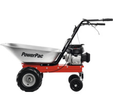 PowerPac Motorschubkarre mit verzinkter Mulde, rotem Gestell, Benzinmotor und vier Rädern.