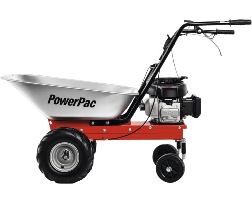 PowerPac Motorschubkarre mit verzinkter Mulde, rotem Gestell, Benzinmotor und vier Rädern.