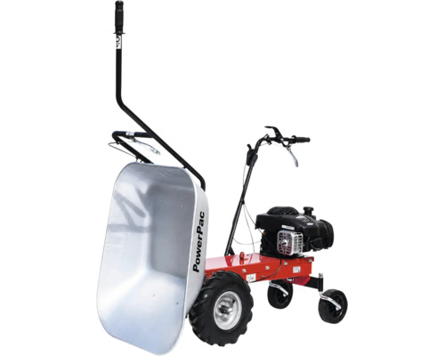 PowerPac Motorschubkarre mit Benzinmotor, großer Metallmulde und Luftreifen für den Transport schwerer Lasten auf der Baustelle oder im Garten.