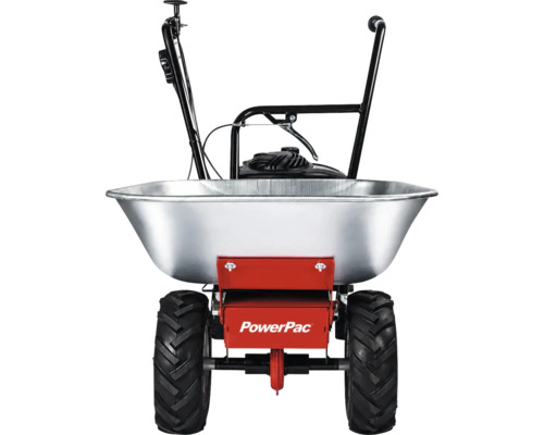 PowerPac Motorschubkarre mit verzinkter Mulde, geländegängigen Reifen und Benzinmotor.