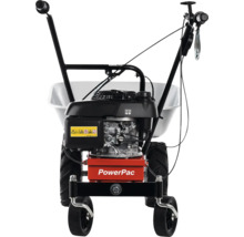 Motorbetriebene Schubkarre PowerPac mit Honda Motor, Geländebereifung und Metallmulde.
