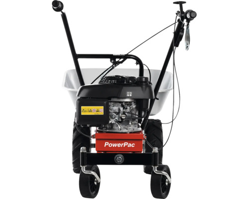 Motorbetriebene Schubkarre PowerPac mit Honda Motor, Geländebereifung und Metallmulde.