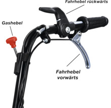 Detailansicht der Bedienelemente am Führungsholm einer Motorhacke mit Gashebel, Fahrhebel für vorwärts und Fahrhebel für rückwärts.