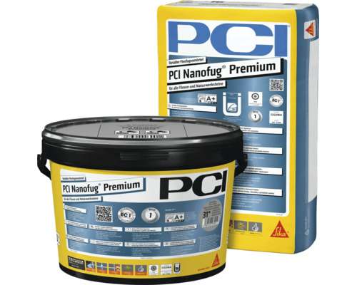 PCI Nanofug Premium Flexfugenmörtel für Fliesen und Naturwerksteine im 15 Kilogramm Sack und im Eimer.