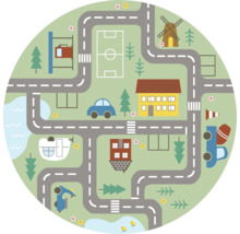 Runder Kinderteppich mit Straßenkarte, Häusern, Fußballfeld, Windmühle, See und Fahrzeugen.