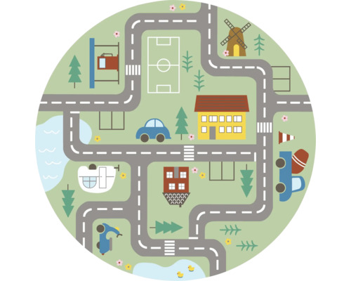 Runder Kinderteppich mit Straßenkarte, Häusern, Fußballfeld, Windmühle, See und Fahrzeugen.