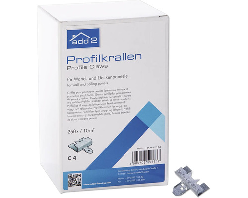 add2 Profilkrallen C 4 für Wand- und Deckenpaneele, Packung mit 250 Stück für 10 Quadratmeter, inklusive einer Metallkralle.
