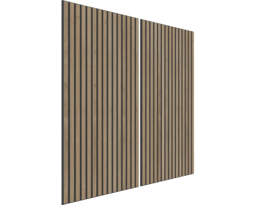 Akustikpaneele mit vertikalen Holzlamellen auf dunklem Trägermaterial zur Wandverkleidung.