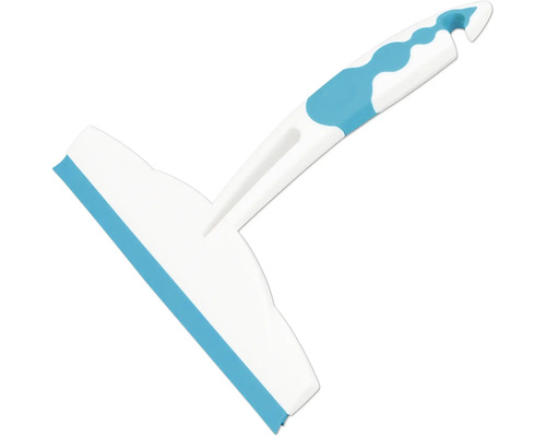 Duschabzieher aus Kunststoff mit Gummilippe und ergonomischem Griff in Weiß und Blau.