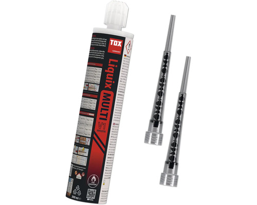 TOX Injektionsmörtel Liquix Multi V1 Vinylester 300 Milliliter inklusive zwei Statikmischern. Feuerbeständig. TOX Logo.