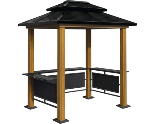 Grillpavillon mit schwarzem Hardtop-Doppeldach, Pfosten in Holzoptik und zwei seitlichen Ablagetischen.