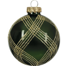 Christbaumkugel aus dunkelgrünem Glas mit goldenem Glitzergittermuster und Aufhängeöse.