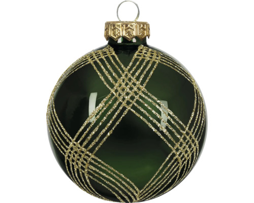 Christbaumkugel aus dunkelgrünem Glas mit goldenem Glitzergittermuster und Aufhängeöse.