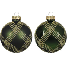 Zwei dunkelgrüne Weihnachtskugeln aus Glas mit goldenem Glitzermuster in Rautenform, eine matt und eine glänzend.