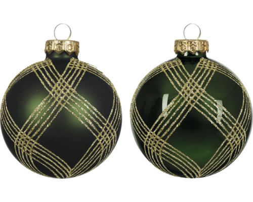 Zwei dunkelgrüne Weihnachtskugeln aus Glas mit goldenem Glitzermuster in Rautenform, eine matt und eine glänzend.