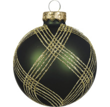 Dunkelgrüne Christbaumkugel aus Glas mit goldenem Glitzermuster und goldfarbener Kappe.