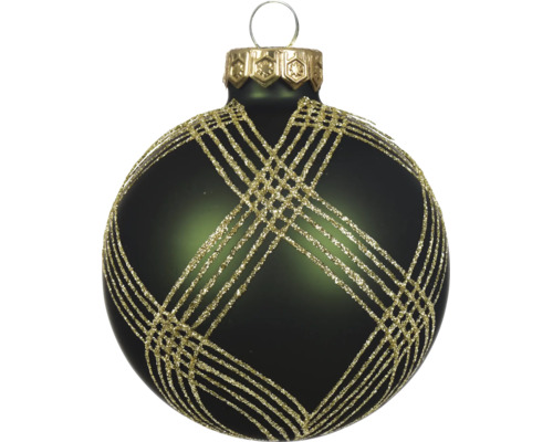 Dunkelgrüne Christbaumkugel aus Glas mit goldenem Glitzermuster und goldfarbener Kappe.