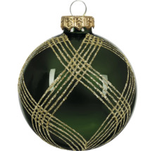 Christbaumkugel aus Glas in Dunkelgrün mit goldfarbenem Glitzermuster und Aufhänger.