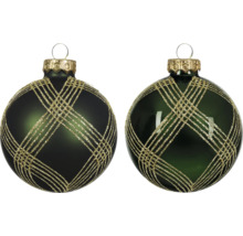 Zwei grüne Weihnachtskugeln mit goldenem Glitzer-Gittermuster.