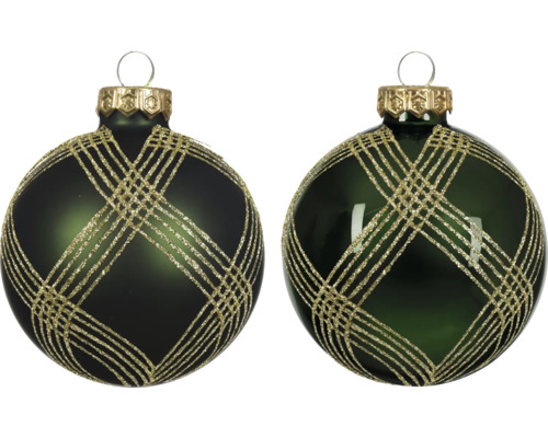 Zwei grüne Weihnachtskugeln mit goldenem Glitzer-Gittermuster.