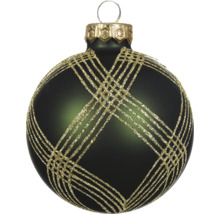 Dunkelgrüne Weihnachtskugel aus Glas mit mattem Finish und goldfarbenem Gittermuster aus Glitzer.