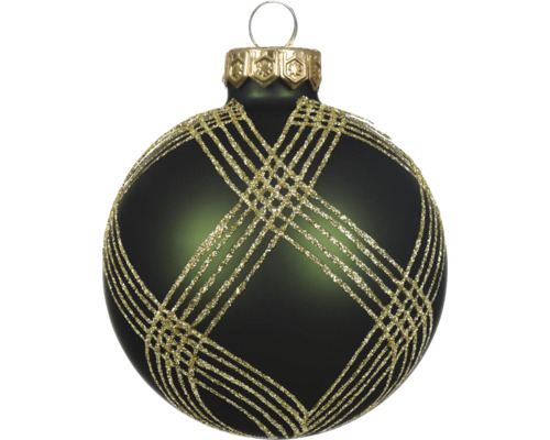 Dunkelgrüne Weihnachtskugel aus Glas mit mattem Finish und goldfarbenem Gittermuster aus Glitzer.