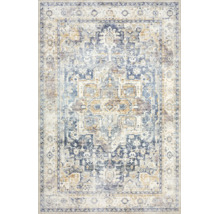 Rechteckiger Teppich mit traditionellem orientalischem Muster, Medaillon und Vintage-Stil in Blau und Gold.