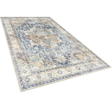 Rechteckiger Teppich mit orientalischem Vintage-Muster in Blau und Beige.