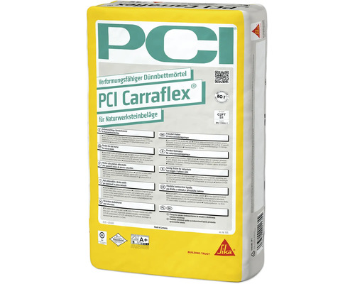 PCI Carraflex verformungsfähiger Dünnbettmörtel für Naturwerksteinbeläge, weiß, für innen und außen, Wand und Boden.