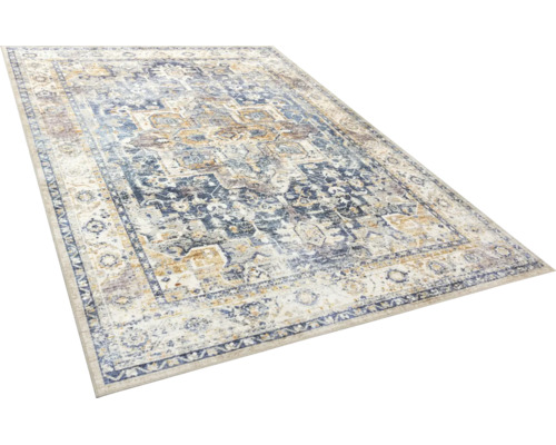 Rechteckiger Teppich mit Vintage-Muster im Orient-Stil, gewebt, Kurzflor, blau-beige gemustert.