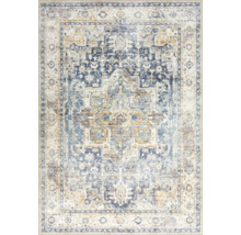 Rechteckiger Teppich in Blau und Beige mit orientalischem Medaillon-Muster im Vintage-Stil und Used-Look.