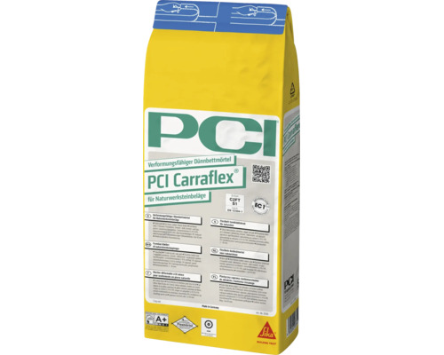 PCI Carraflex verformungsfähiger Dünnbettmörtel für Natursteinbeläge, 5 Kilogramm Sack, Sika Logo.