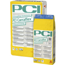 PCI Carraflex Dünnbettmörtel für Naturwerksteinbeläge, zwei Gebinde mit Sika Logo und Zertifizierungen für Flexmörtel und Emissionsklasse A Plus.