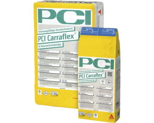 PCI Carraflex Dünnbettmörtel für Naturwerksteinbeläge, zwei Gebinde mit Sika Logo und Zertifizierungen für Flexmörtel und Emissionsklasse A Plus.