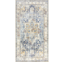 Rechteckiger Teppich mit Vintage-Orient-Muster in Blau und Beige, zentralem Medaillon und ornamentaler Bordüre.