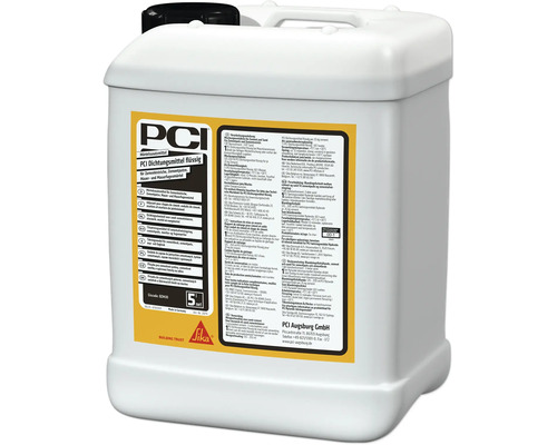 PCI Dichtungsmittel flüssig, 5 Kilogramm Kunststoffkanister, Mörtelzusatzmittel für Zementestriche, Putze und Mörtel, PCI Logo, Sika Logo.