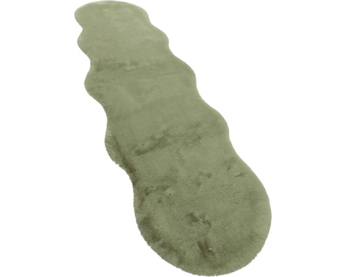 Langfloriger Kunstfell-Läufer in geschwungener Form, Farbe Salbeigrün.