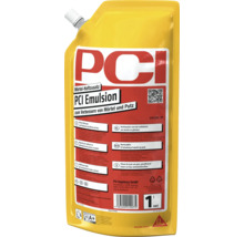 PCI Emulsion Mörtel-Haftzusatz in einem 1-Liter-Standbeutel zur Verbesserung von Mörtel und Putz mit dem PCI Logo und Sika Logo.