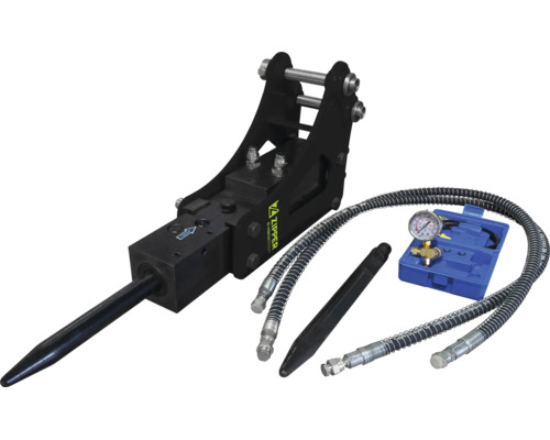 Zipper Hydraulikhammer für Minibagger inklusive Meißel, Hydraulikschläuchen und Manometer-Set.