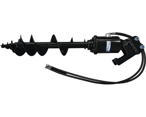 Hydraulischer Erdbohrer-Aufsatz aus schwarzem Metall mit Spiralklinge, Hydraulikschläuchen und Zipper Logo.