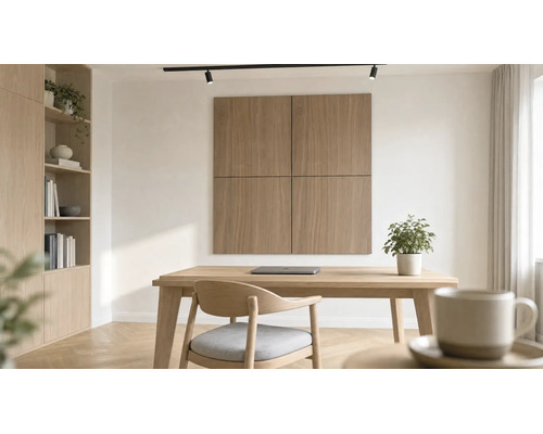 Vier quadratische Wandpaneele aus Holz an einer weißen Wand über einem Schreibtisch in einem hellen, modern eingerichteten Arbeitszimmer.