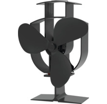 Schwarzer Kaminventilator aus Metall mit drei Flügeln für Kaminöfen.