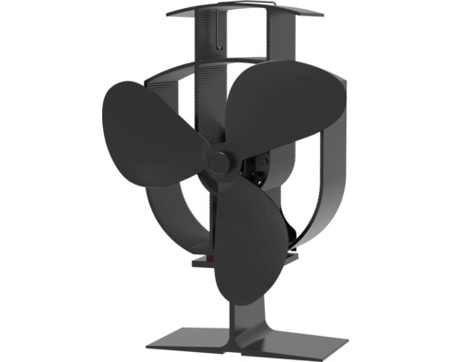 Schwarzer Kaminventilator aus Metall mit drei Flügeln für Kaminöfen.