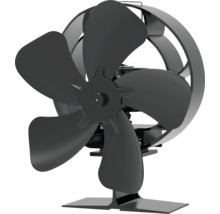 Schwarzer Kaminventilator mit fünf Rotorblättern und einem Schutzring.