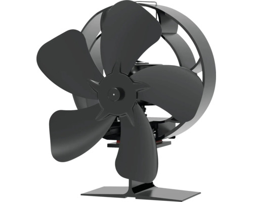 Schwarzer Kaminventilator mit fünf Rotorblättern und einem Schutzring.