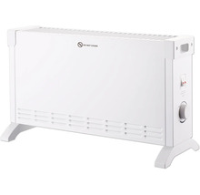 Freistehender elektrischer Konvektor mit Thermostatregler, zwei Kippschaltern und Lüftungsschlitzen.
