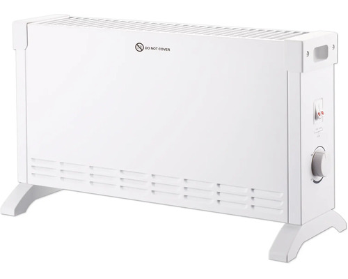 Freistehender elektrischer Konvektor mit Thermostatregler, zwei Kippschaltern und Lüftungsschlitzen.